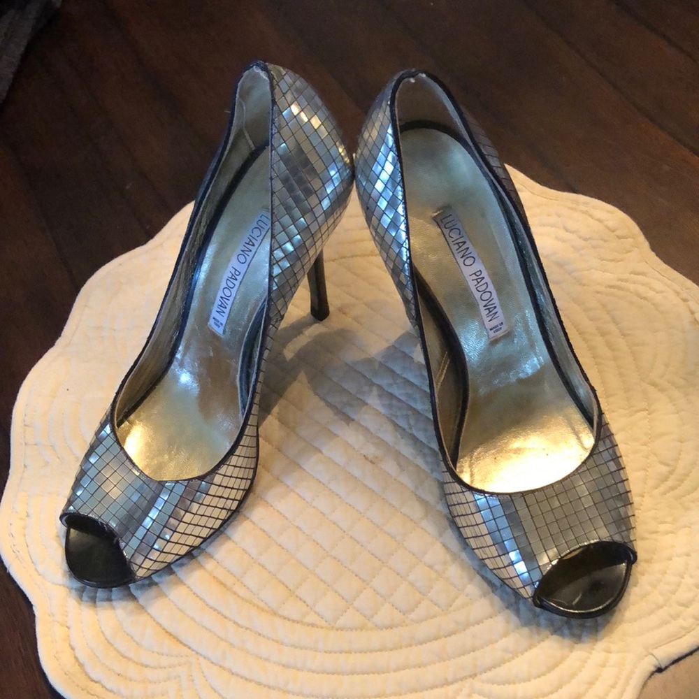 🍾Luciano Padovan Disco mirror pieces upper, black open toe shiny stilettos